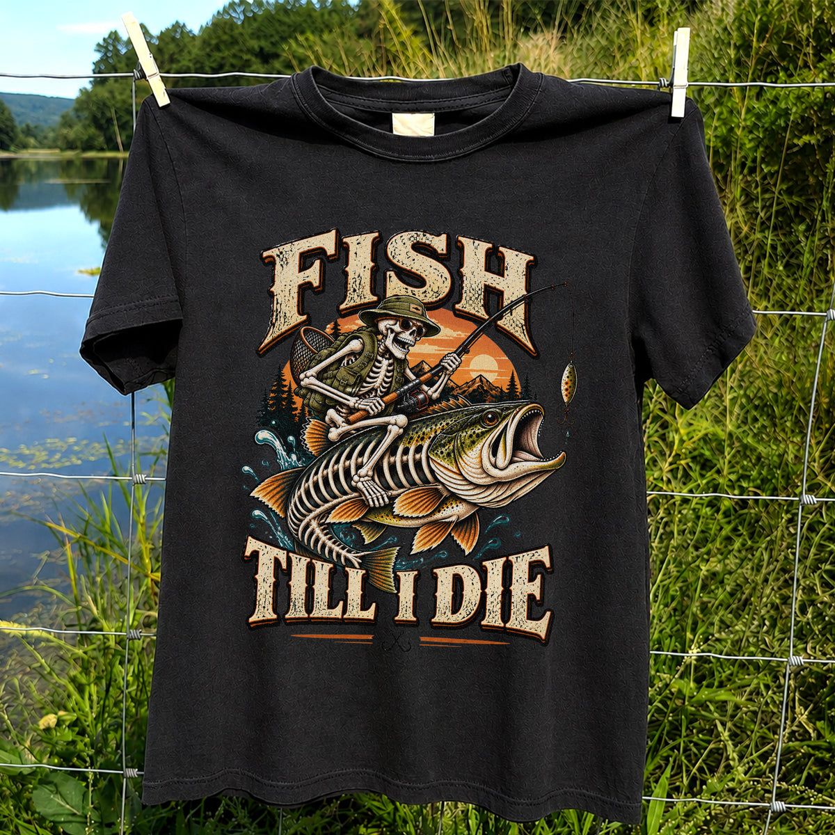 Fish Till I Die Skeleton Riding a Largemouth Bass Fishing T-Shirt