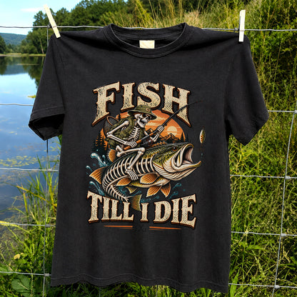 Fish Till I Die Skeleton Riding a Largemouth Bass Fishing T-Shirt