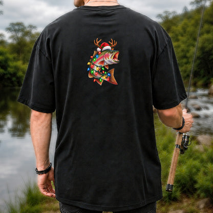 Christmas Rainbow Trout with Santa Hat, Antlers and Holiday Lights Fishing T-Shirt | Back Print
