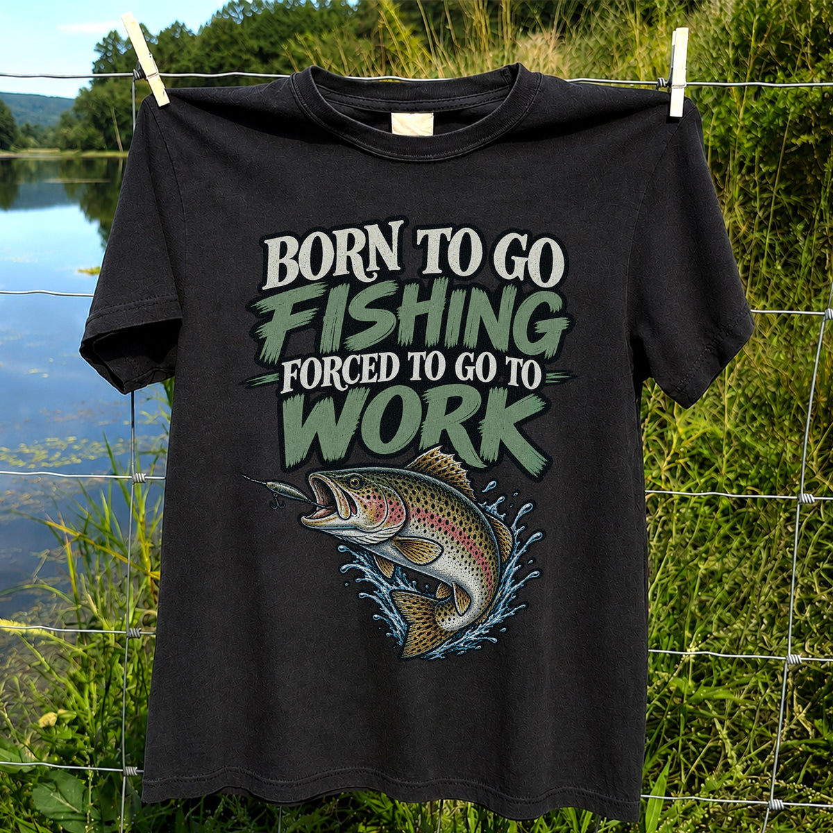 Born to Go Fishing Forced to Go to Work Rainbow Trout T-Shirt
