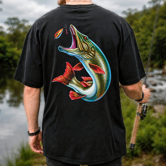 Northern Pike Chasing Fishing Lure Graphic T-Shirt | Back Print