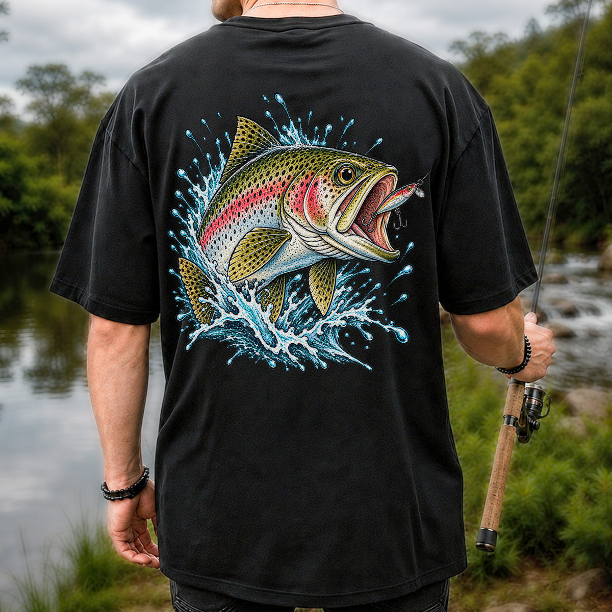 Rainbow Trout Striking a Fishing Lure Graphic T-Shirt | Back Print