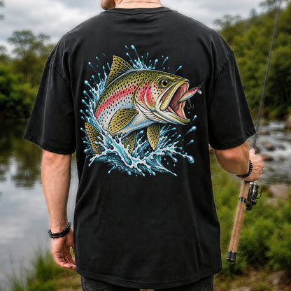 Rainbow Trout Striking a Fishing Lure Graphic T-Shirt | Back Print