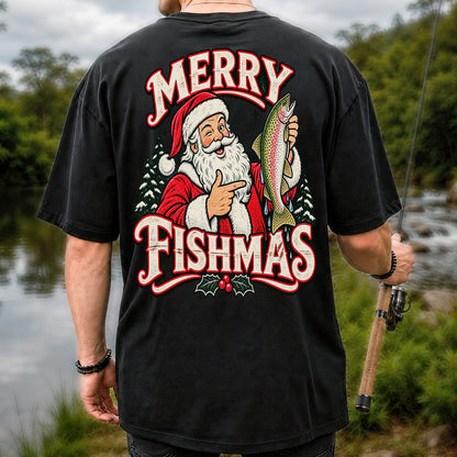 Merry Fishmas Santa Holding Rainbow Trout Christmas Fishing T-Shirt | Back Print