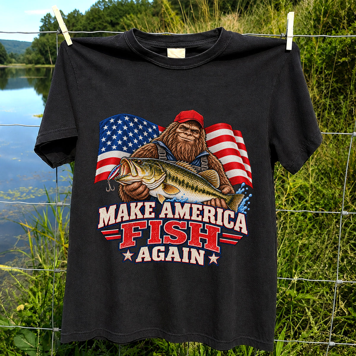 Make America Fish Again Bigfoot Bass Fishing T-Shirt