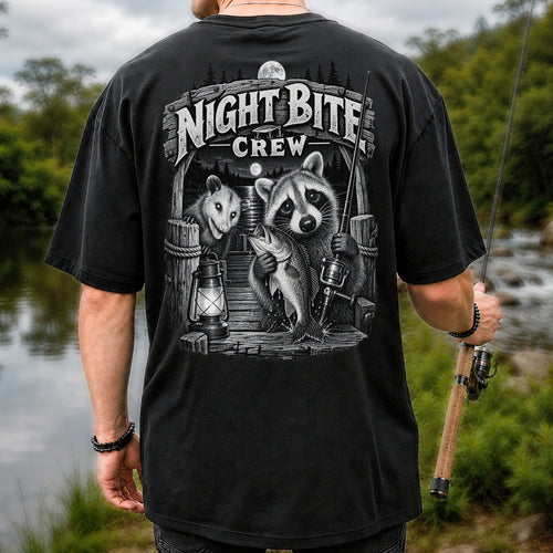 Night Bite Crew Raccoon and Bass Fishing Graphic T-Shirt | Back Print