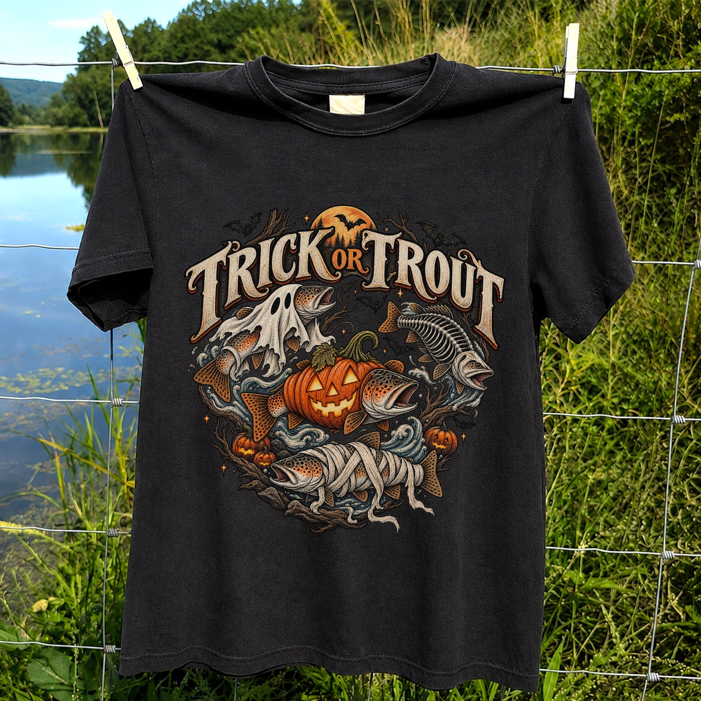 Trick or Trout Haunted Fish Halloween Fishing T-Shirt