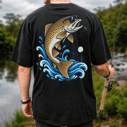 Brown Trout Sunglasses Fishing Graphic T-Shirt with Lure | Back Print