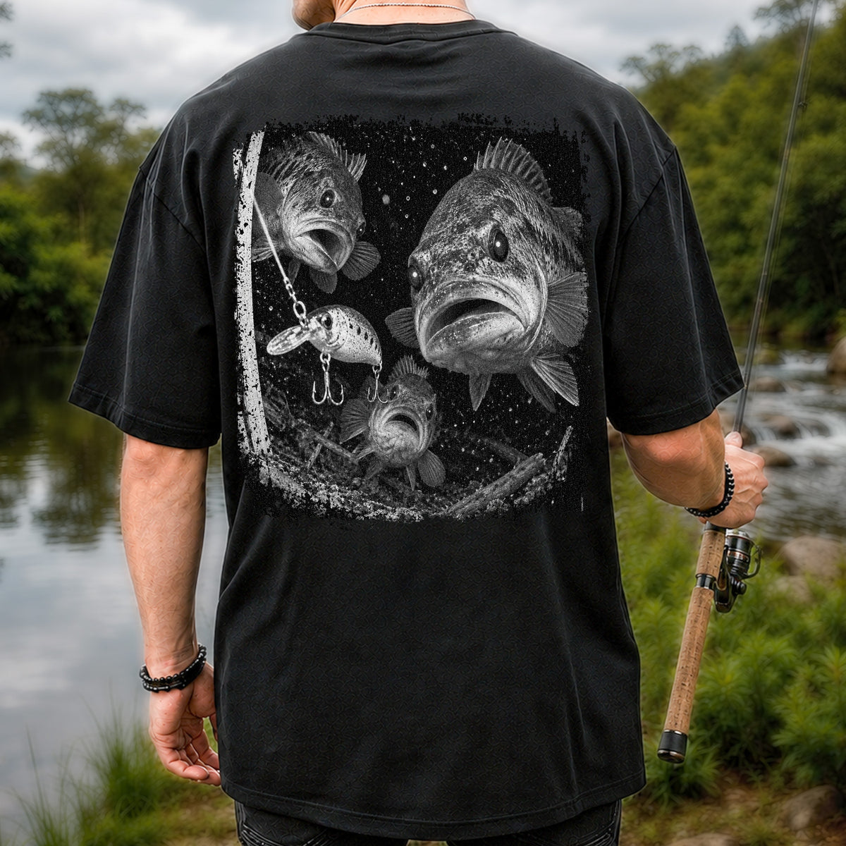 Vintage Bass Fishing Graphic T-Shirt with Underwater Fish Artwork | Back Print