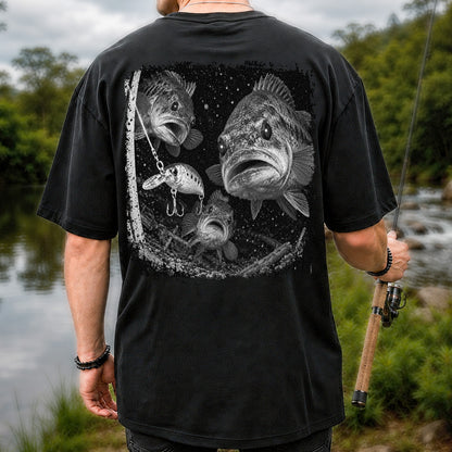 Vintage Bass Fishing Graphic T-Shirt with Underwater Fish Artwork | Back Print