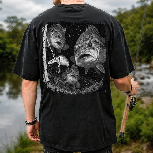 Vintage Bass Fishing Graphic T-Shirt with Underwater Fish Artwork | Back Print