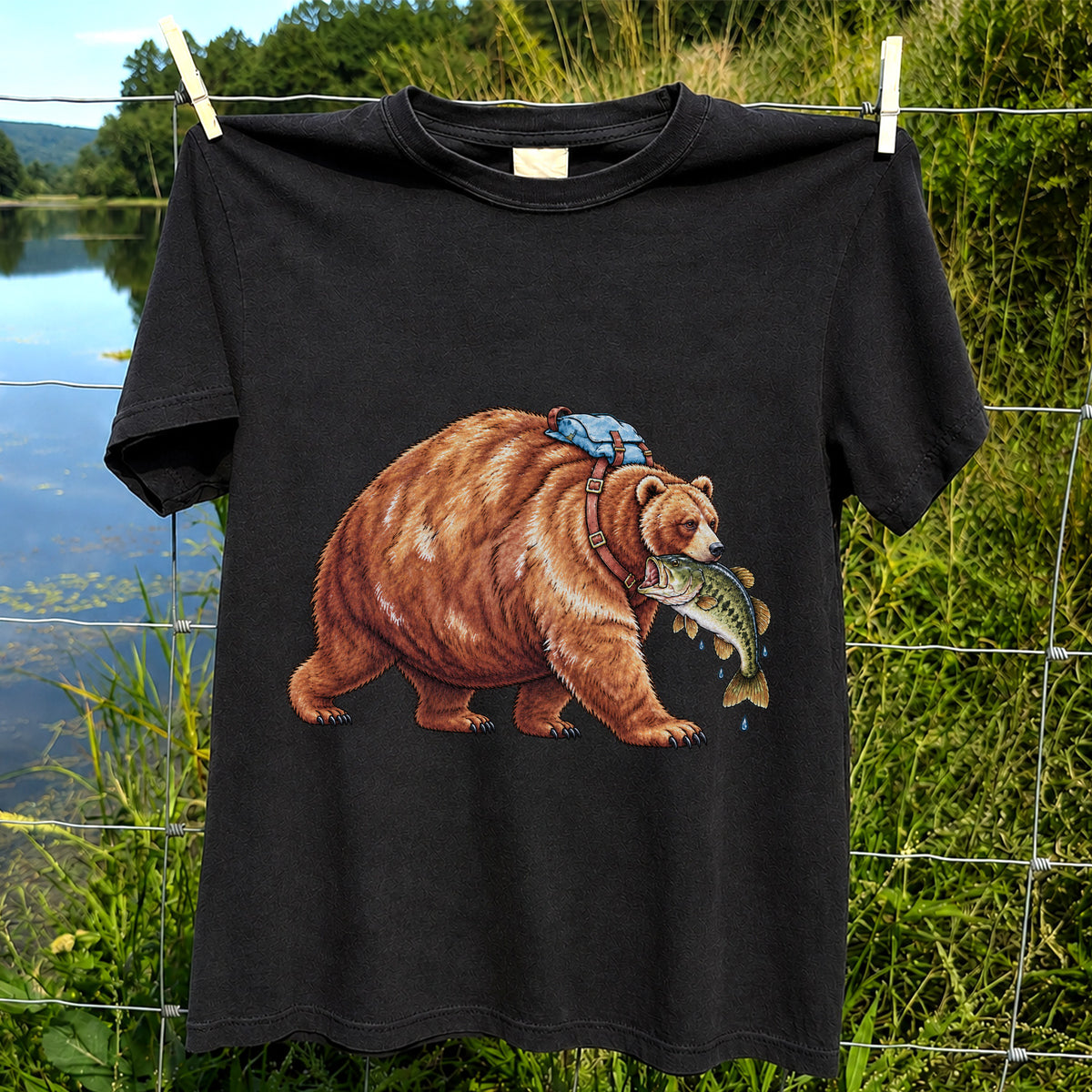 Bear Carrying Bass Fishing Wildlife Graphic T-Shirt