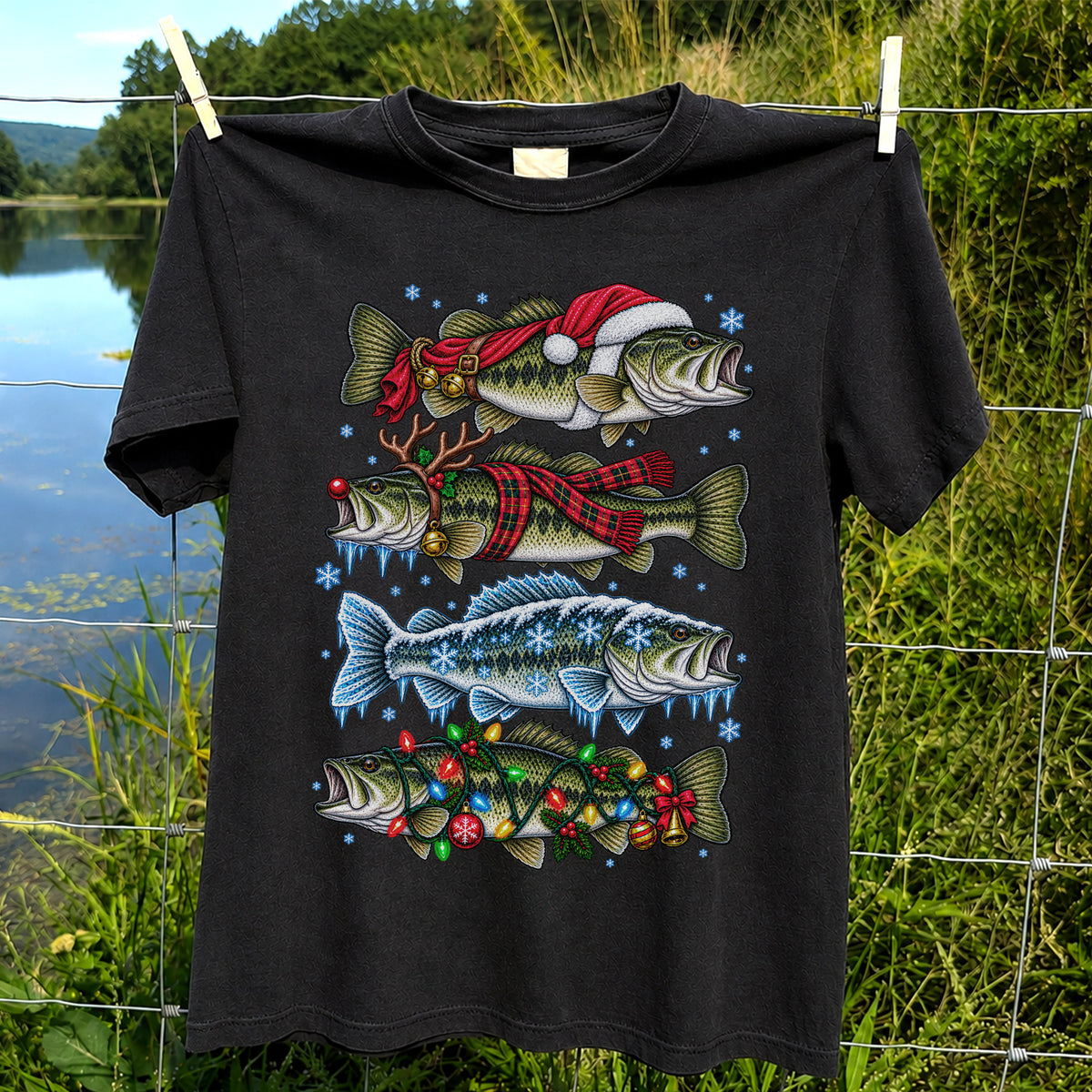 Christmas Bass with Santa Hat and Holiday Lights Fishing T-Shirt