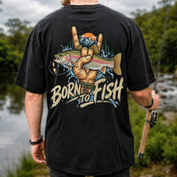 Born to Fish Rainbow Trout Rock Hand Sign Fishing T-Shirt | Back Print