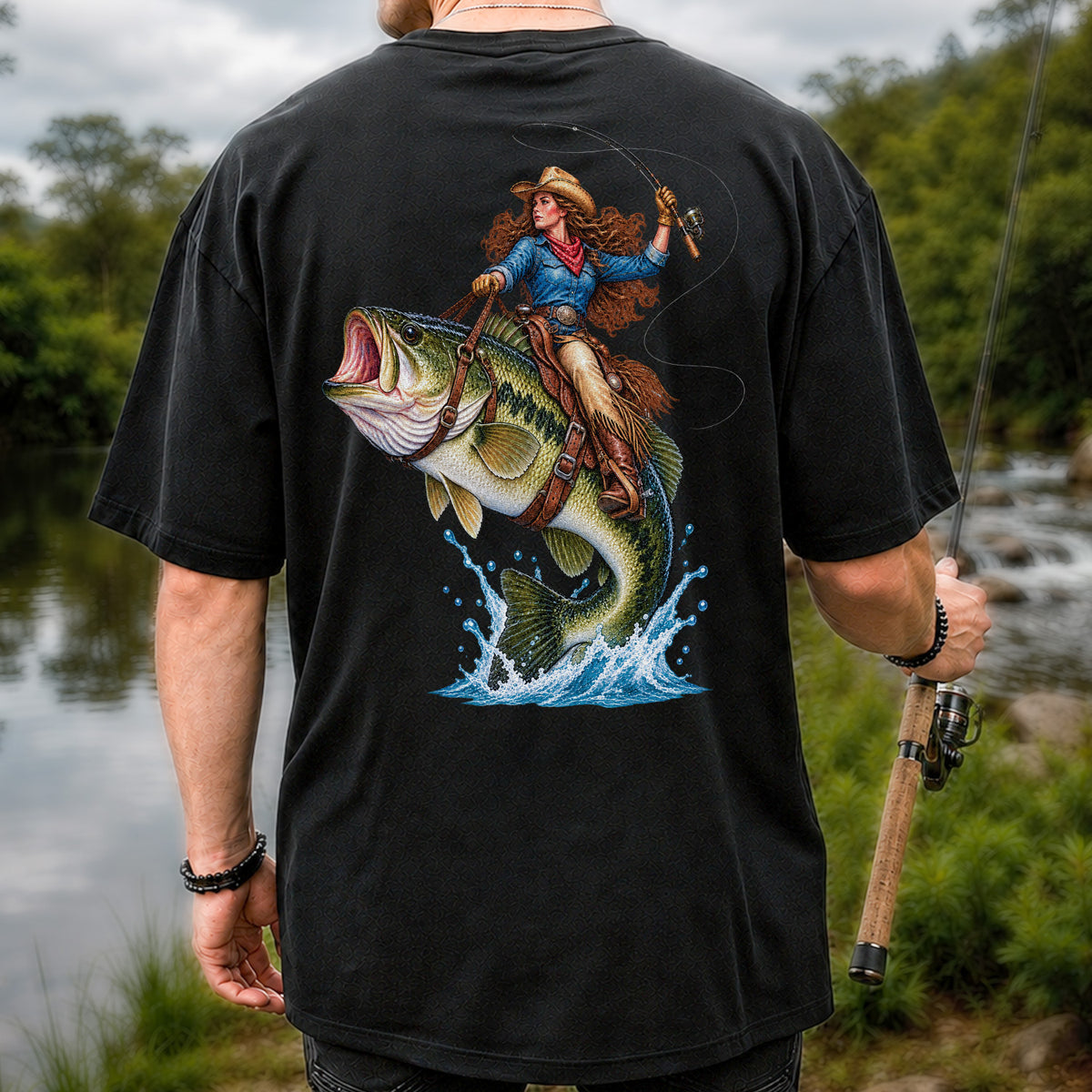 Cowgirl Riding a Largemouth Bass Fishing Graphic T-Shirt | Back Print