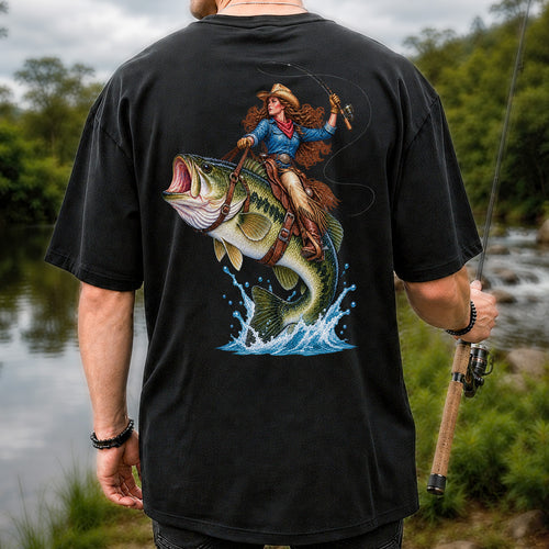 Cowgirl Riding a Largemouth Bass Fishing Graphic T-Shirt | Back Print