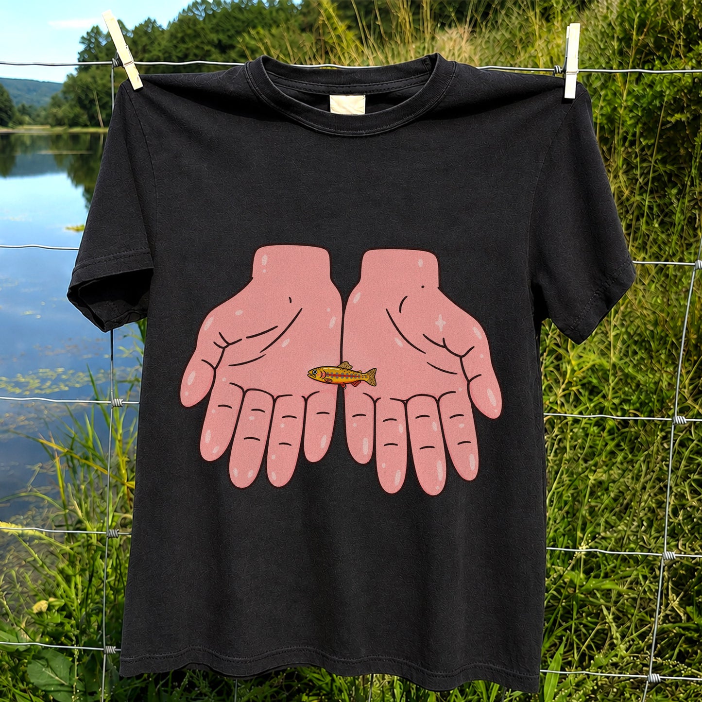 Tiny Rainbow Trout in Two Hands Cute Fishing Graphic T-Shirt
