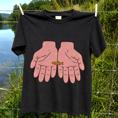 Tiny Rainbow Trout in Two Hands Cute Fishing Graphic T-Shirt