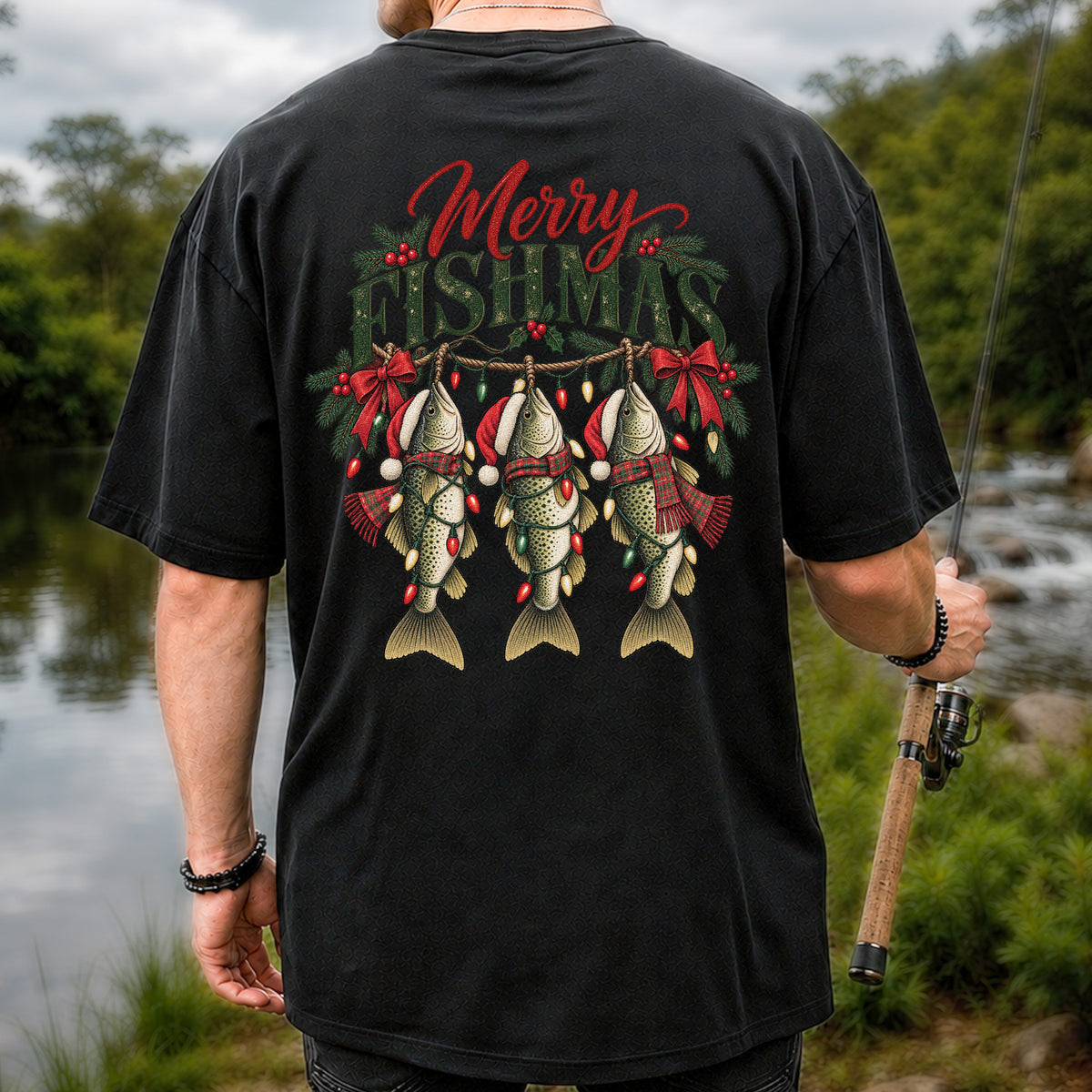 Merry Fishmas Christmas Trout Fishing Graphic T-Shirt | Back Print
