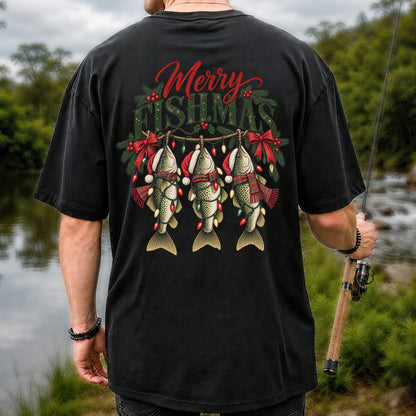 Merry Fishmas Christmas Trout Fishing Graphic T-Shirt | Back Print