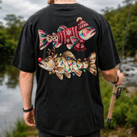 Festive Christmas Fish with Lights Fishing Graphic T-Shirt | Back Print