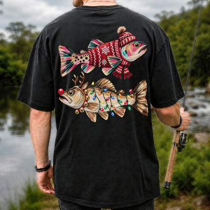 Festive Christmas Fish with Lights Fishing Graphic T-Shirt | Back Print