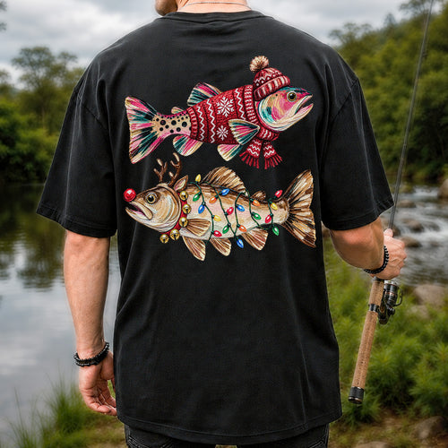 Festive Christmas Fish with Lights Fishing Graphic T-Shirt | Back Print