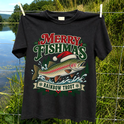 Merry Fishmas Rainbow Trout in Santa Hat Christmas Fishing T-Shirt