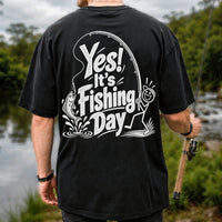 Yes! It's Fishing Day Funny Angler and Trout Graphic T-Shirt | Back Print