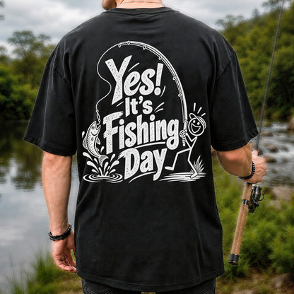 Yes! It's Fishing Day Funny Angler and Trout Graphic T-Shirt | Back Print