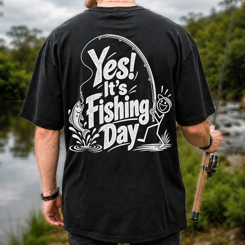 Yes! It's Fishing Day Funny Angler and Trout Graphic T-Shirt | Back Print