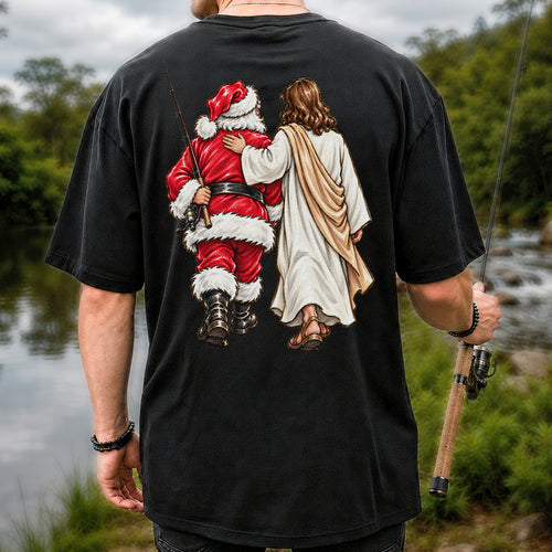 Santa and Robed Companion Fishing Graphic T-Shirt | Back Print