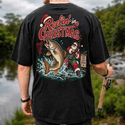 Reelin' in Christmas Santa and Rainbow Trout Fishing T-Shirt | Back Print