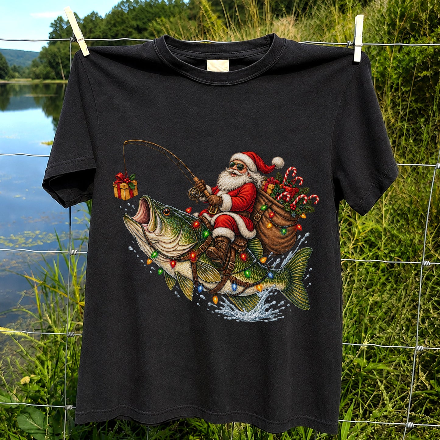 Santa Riding a Largemouth Bass Christmas Fishing Graphic T-Shirt