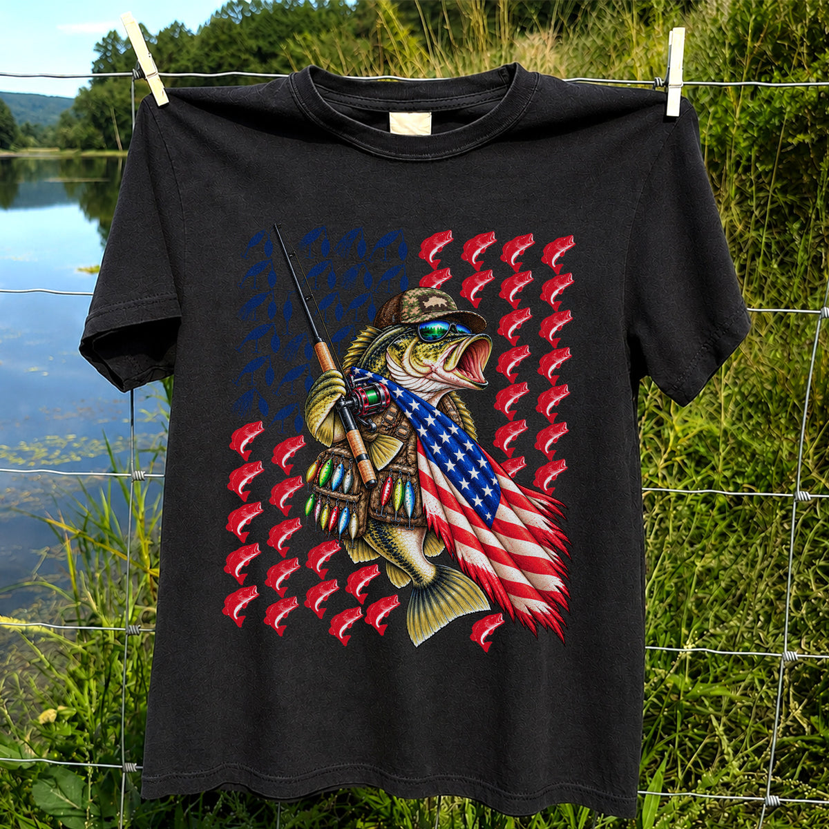 Patriotic Bass Fishing Graphic T-Shirt with American Flag Design