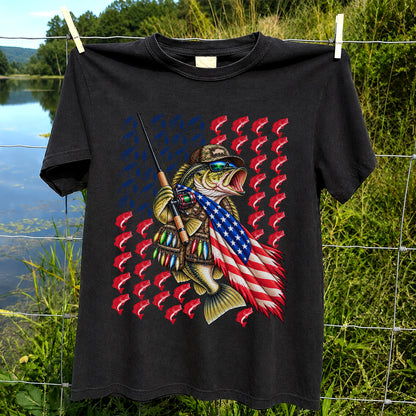Patriotic Bass Fishing Graphic T-Shirt with American Flag Design