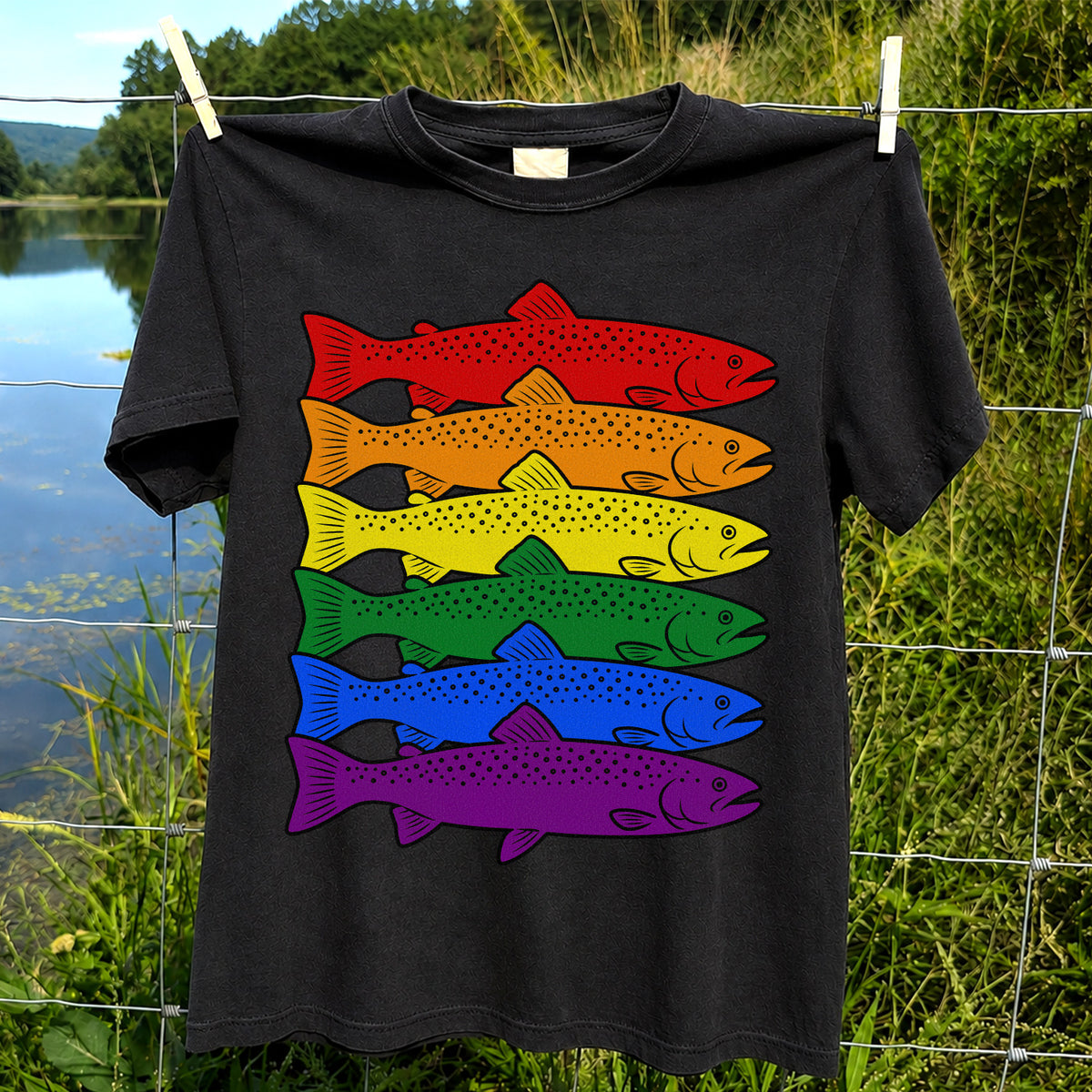 Rainbow Colored Trout Stack Fishing Graphic T-Shirt