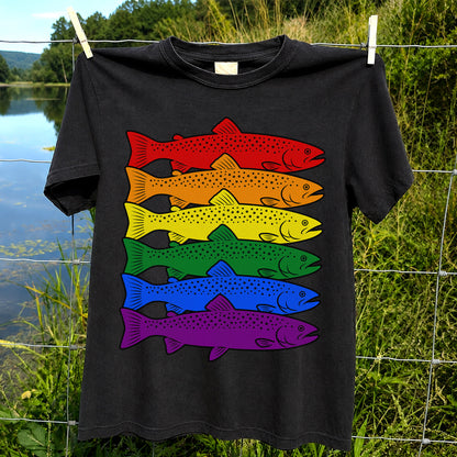Rainbow Colored Trout Stack Fishing Graphic T-Shirt