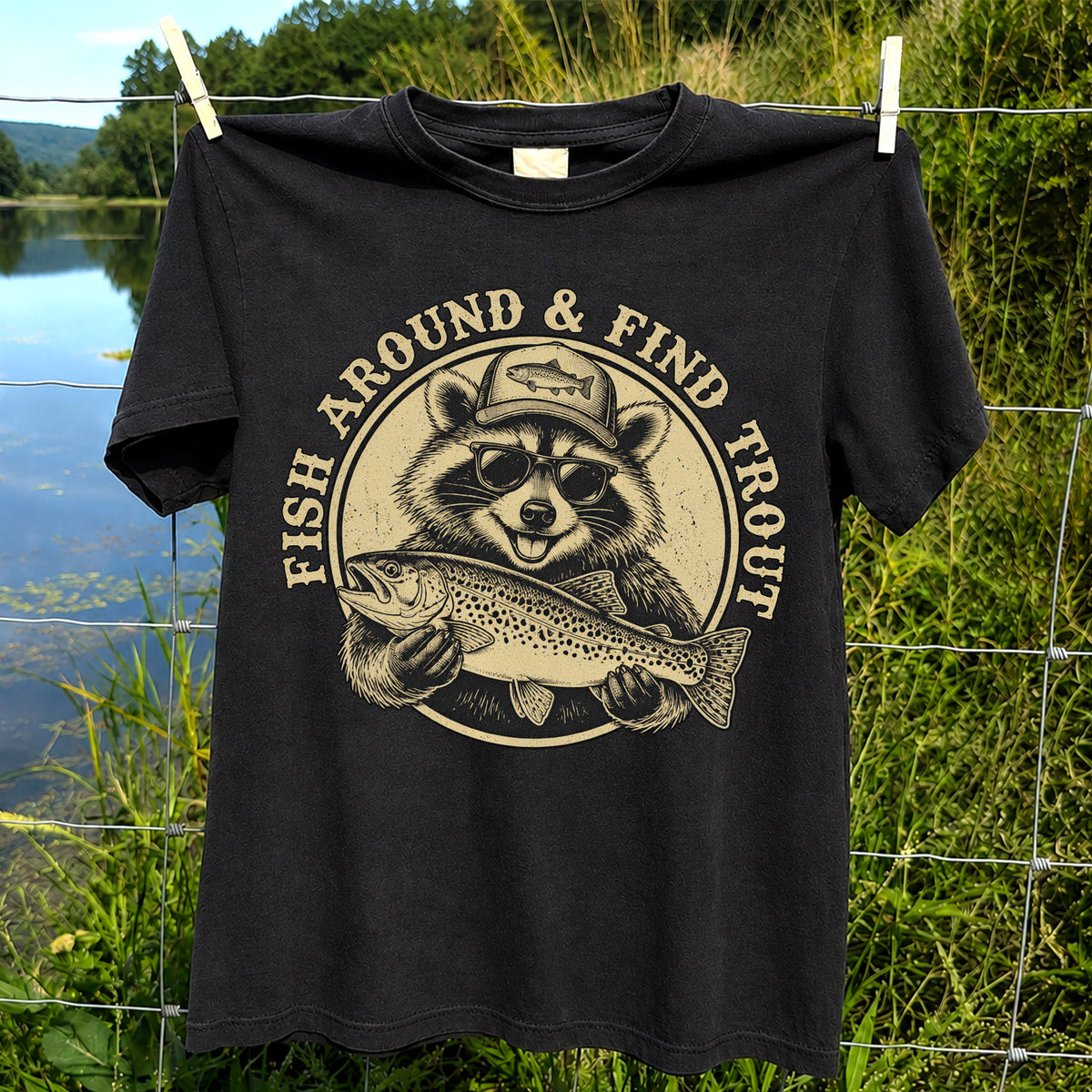 Fish Around & Find Trout Funny Raccoon Fishing T-Shirt