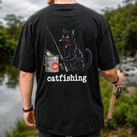 Catfishing Funny Black Cat with Fishing Rod Graphic T-Shirt | Back Print