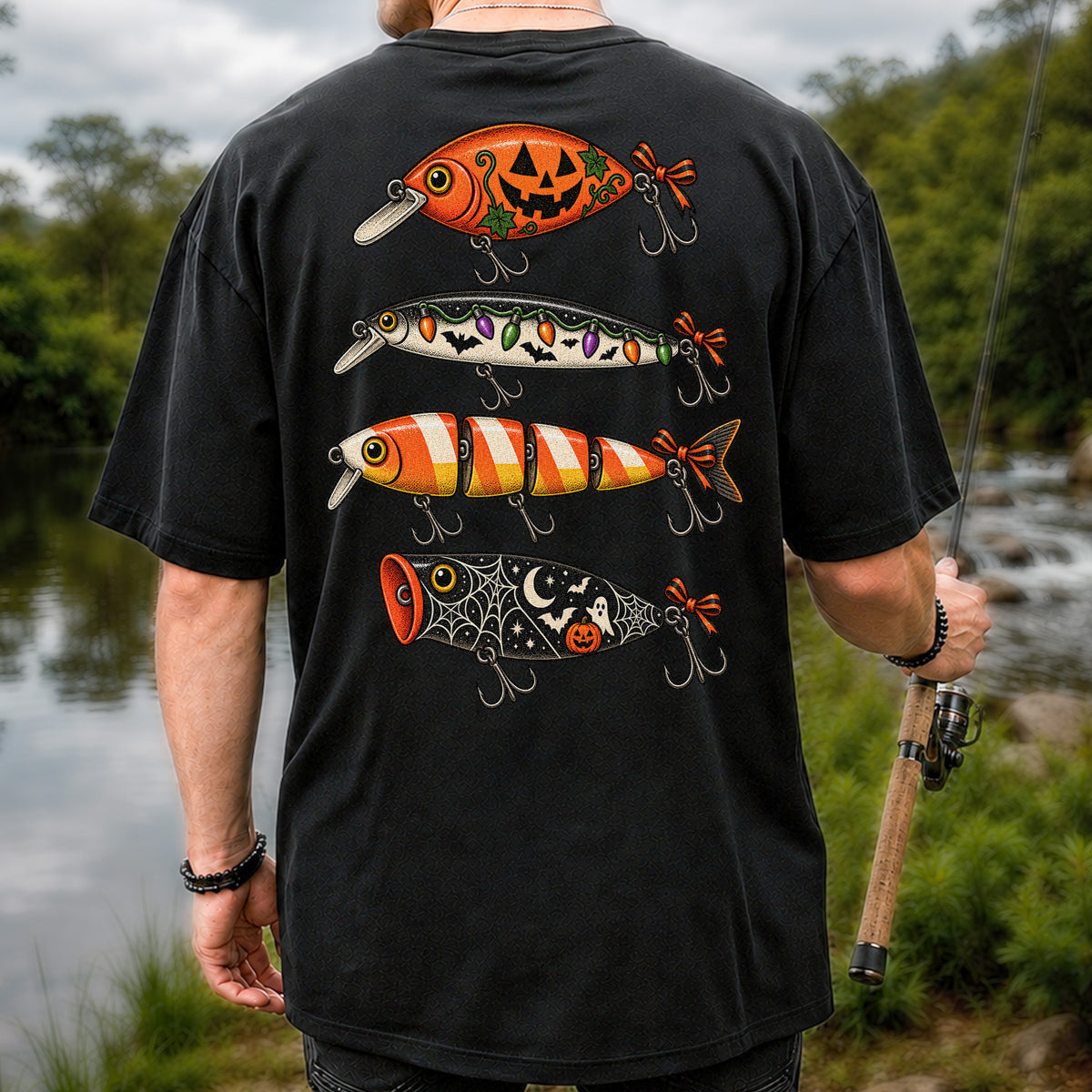 Halloween Fishing Lures with Pumpkin, Ghost and Candy Corn Graphic T-Shirt | Back Print