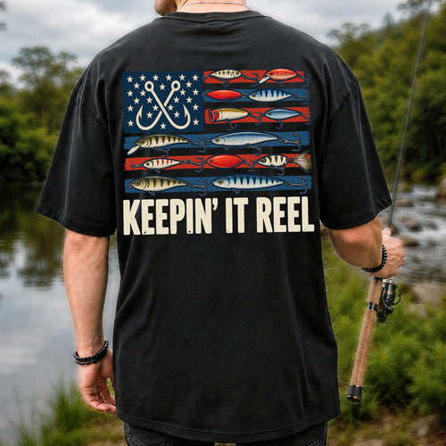 Keepin' It Reel American Flag Fishing Lures Graphic T-Shirt | Back Print