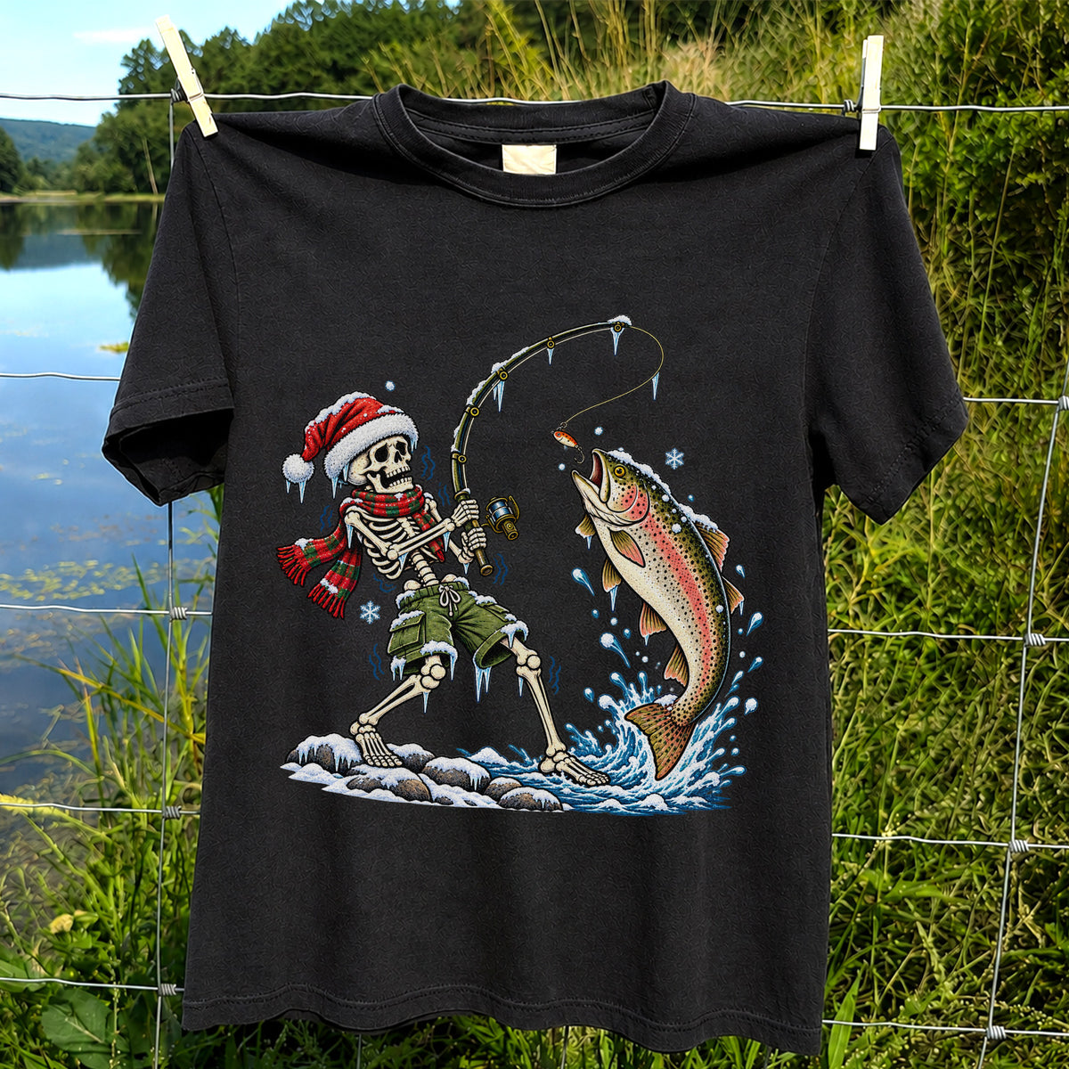 Christmas Skeleton Angler Catching a Rainbow Trout Fishing T-Shirt