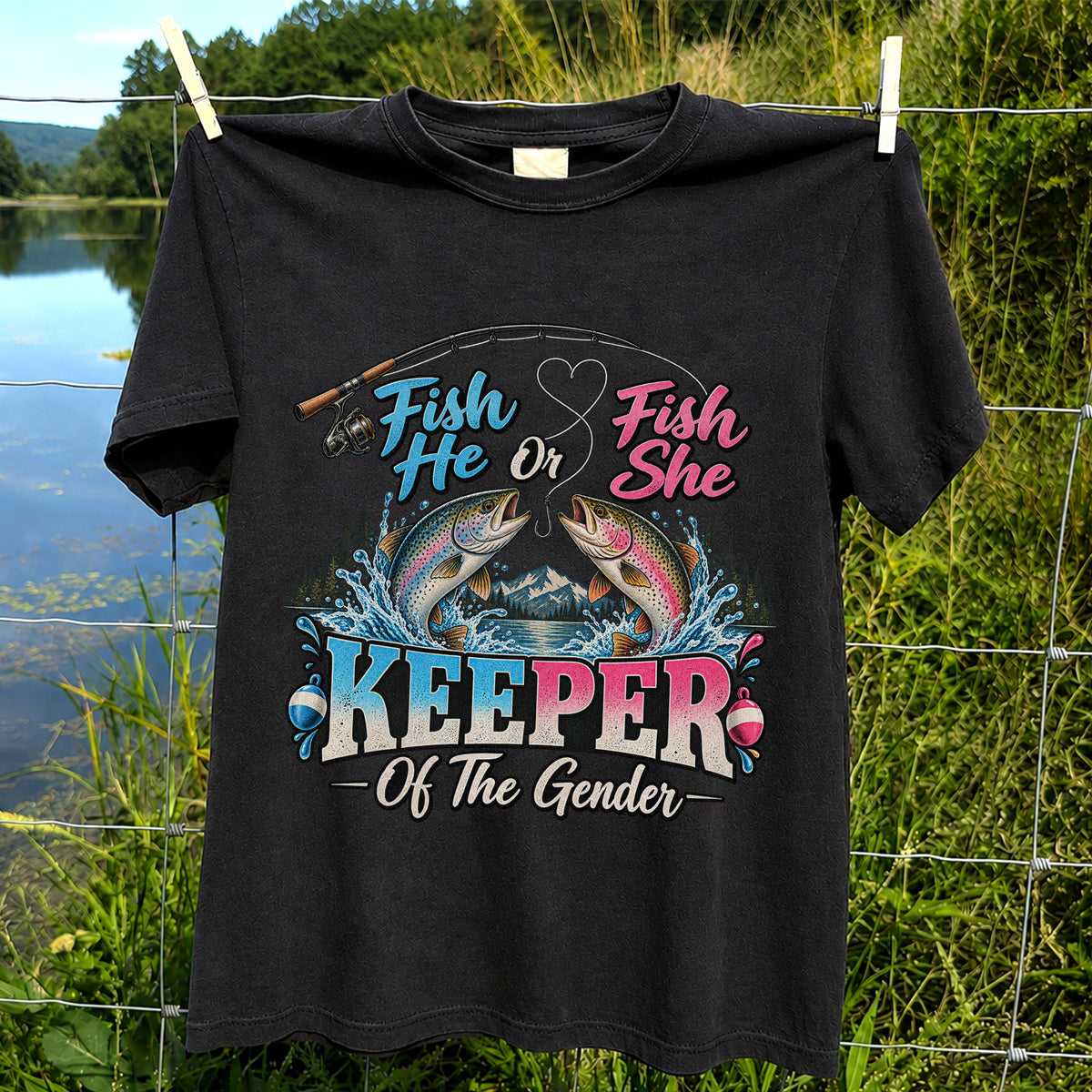 Fish He or Fish She Keeper of the Gender Rainbow Trout Fishing Gender Reveal T-Shirt