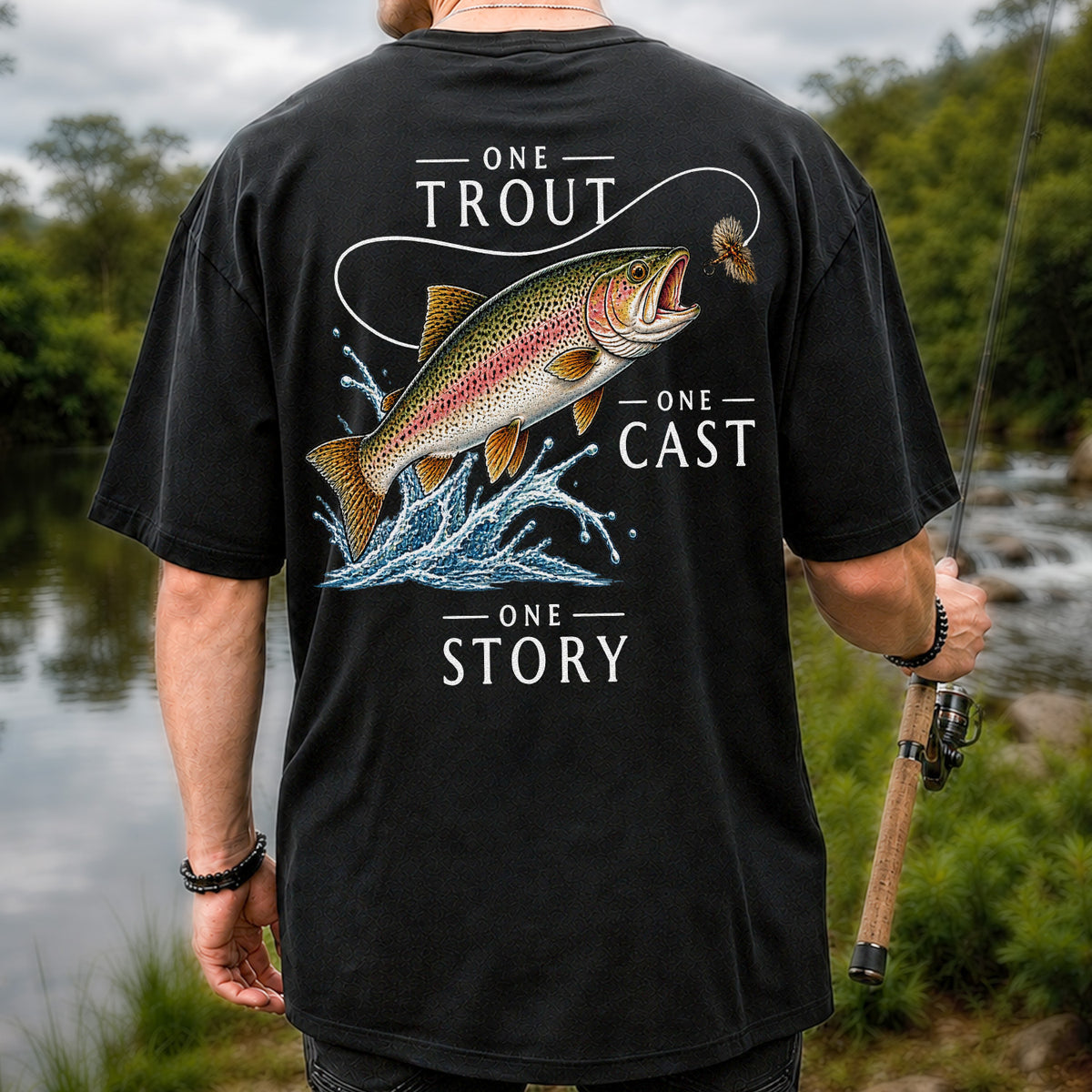 One Trout One Cast One Story Rainbow Trout Fly Fishing T-Shirt | Back Print