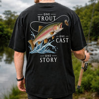 One Trout One Cast One Story Rainbow Trout Fly Fishing T-Shirt | Back Print