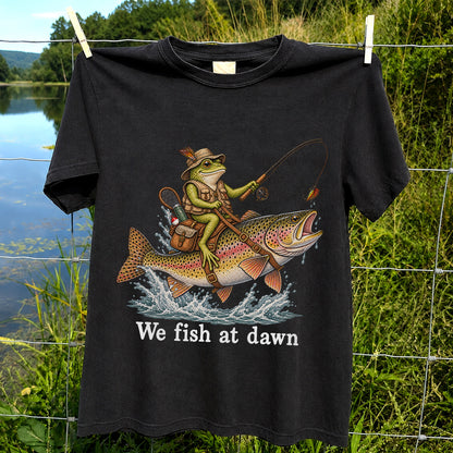 We Fish at Dawn Frog Riding a Rainbow Trout Funny Fishing T-Shirt