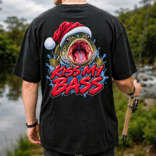 Kiss My Bass Santa Hat Funny Christmas Fishing T-Shirt | Back Print
