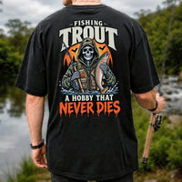 Fishing Trout A Hobby That Never Dies Skeleton Halloween T-Shirt | Back Print