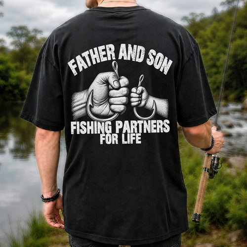 Father and Son Fishing Partners for Life Graphic T-Shirt | Back Print